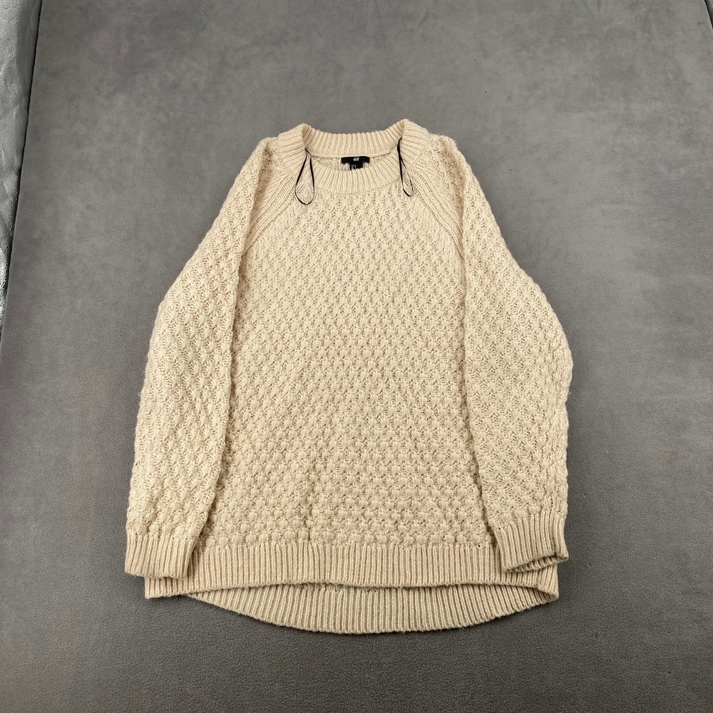 HM Cream Textured Knit Raglan Sweater Mens Medium Popcorn Stitch Crew Neck 5238
